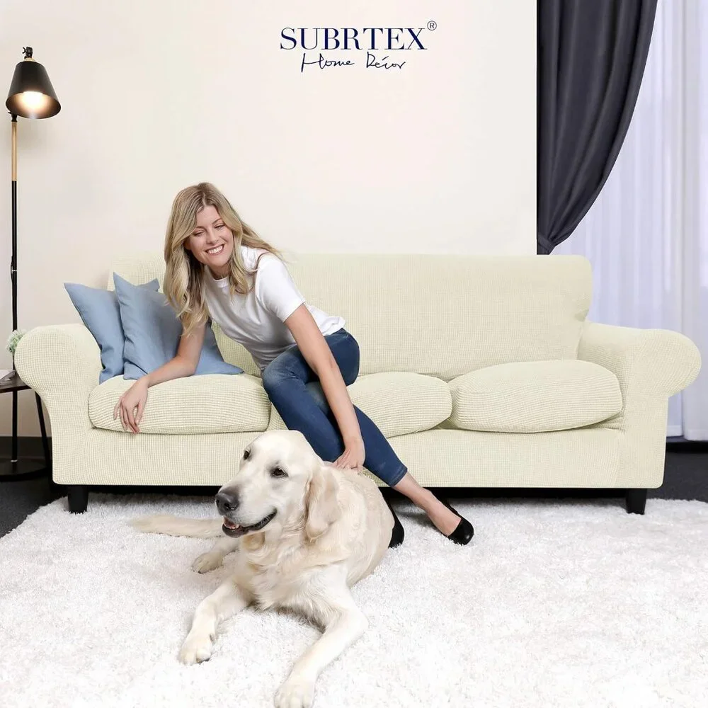 Subrtex Stretch Sofa Slipcover Cover with 3 Separate Cushion Cover - Ivory XL